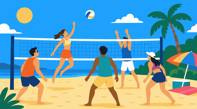 Energetic friends playing beach volleyball on sunny tropical shore, diverse summer team leaping at net with ocean waves, palm tree, umbrella and bright blue sky in colorful vector illustration