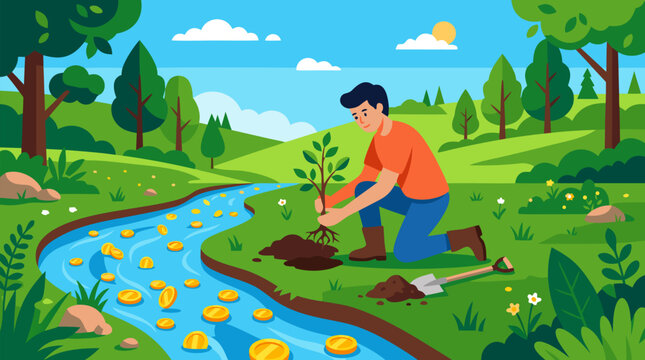 Eco investment vector scene with person planting a young sapling beside a clear blue stream full of golden coins, green hills, forest, sustainable growth, savings and nature stewardship