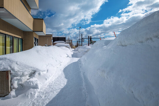 国道に沿った歩道は雪で狭くなっている。国道との間には高い雪の山ができて国道は全く見えない。