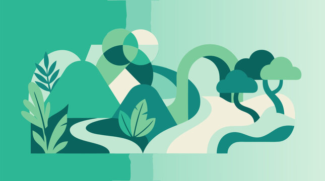 Abstract aqua green vector landscape with rolling hills, winding river, soft seafoam gradient, stylized trees, leaves, sun circles and serene geometric nature scene for calm eco backgrounds design