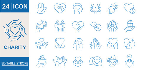 Fototapeta premium Charity and donation line icons set. Nonprofit, fundraising, and support symbols collection. Help, community, giving. Editable stroke. vector illustration 