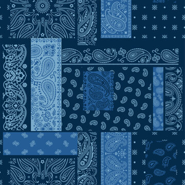 Bandana kerchief paisley fabric patchwork wallpaper abstract vector seamless pattern for scarf kerchief shirt fabric carpet rug tablecloth pillow
