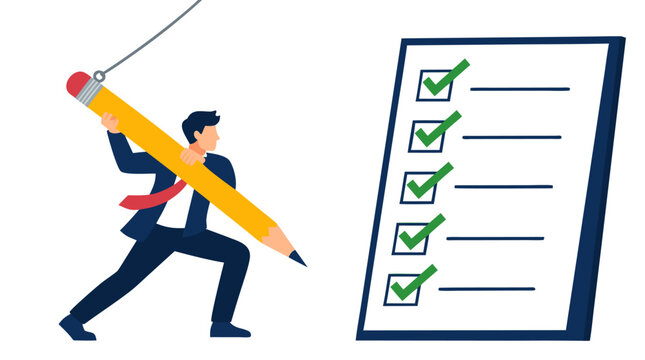 Businessman swings oversized yellow pencil on cable toward large completed checklist, symbolizing task planning, quality control, approval workflow, productivity, goals, and project management success