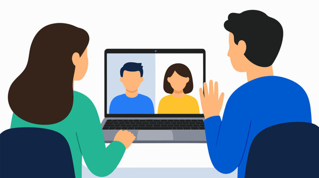 Two Business Colleagues Joining Video Conference Call on Laptop Display with Simple Avatar Faces, Remote Work Team Meeting and Online Communication Concept, Bold Flat Color Vector Illustration