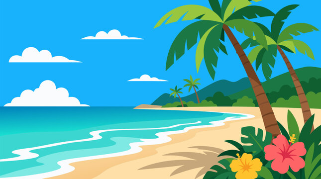 Clean flat vector illustration of a tropical beach with palm trees, turquoise waves, flowers and blue sky on a light background, ideal for summer travel marketing.