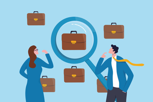 Finding the right man on the right job, candidate search for career option, making decision to new job skill selection, employee interview, business talent magnifying glass search for right job.