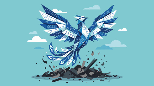 A clean flat vector illustration of a geometric blue phoenix rising from rubble on a light background, ideal for resilience, renewal, and brand transformation campaigns.