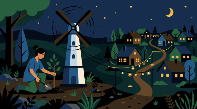 Clean flat vector illustration on a light background shows a woman planting a sapling beside a wind turbine and glowing village, ideal for renewable energy and reforestation campaigns.
