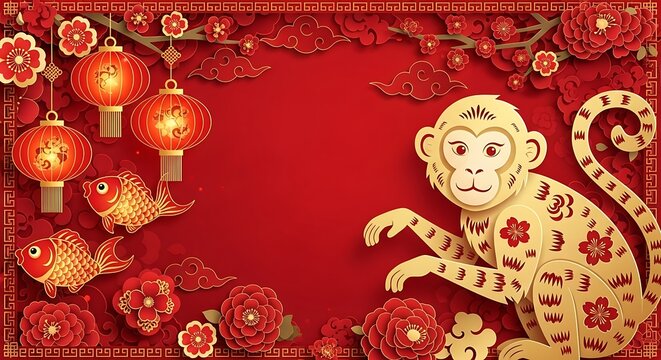 Chinese New Year red background with golden monkey zodiac, empty center copy space