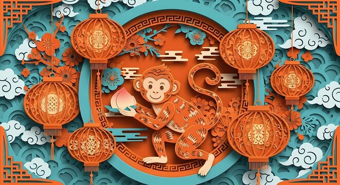 Chinese New Year decorative design featuring monkey zodiac, teal circular frame, orange lanterns, floral decorations, patterned background