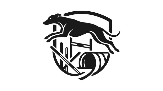 Shield shaped jumping dog and tunnel agility logo.