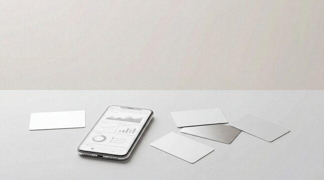 Smartphone showing business analytics dashboard beside blank cards on white table for mobile finance reporting digital strategy interface mockup concepts fintech presentation background