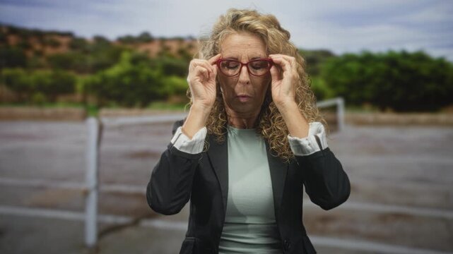 Woman adjusts red eyeglasses with hands, eyes closed and curly hair, wearing a blazer beside a railing on a street with trees and overcast sky; contemplation.
