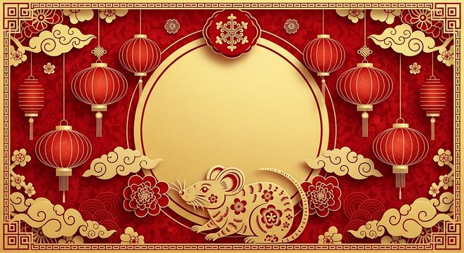 Chinese New Year red and gold background with rat zodiac illustration, large empty copy space in center, hanging lanterns, gold floral ornaments, decorative clouds