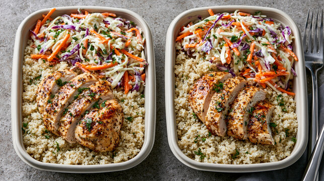 Grilled chicken and quinoa meal prep bowls with creamy coleslaw for healthy weekday lunches