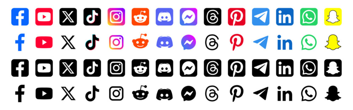 Collection of colorful and black square social media icons. Includes logos of popular social networks such as facebook, youtube, x, tiktok, instagram,...