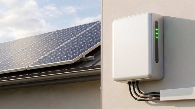 Modern solar panels and battery storage unit on house exterior