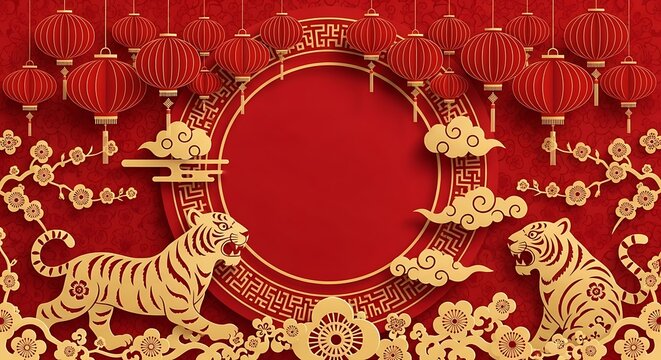 Chinese New Year festive red background with gold tiger zodiac, empty copy space center