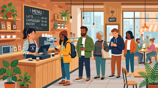 Diverse people waiting at cafe with queue coffee counter casual social routine urban lifestyle customer service hospitality community scene for web banner marketing layout commercial project