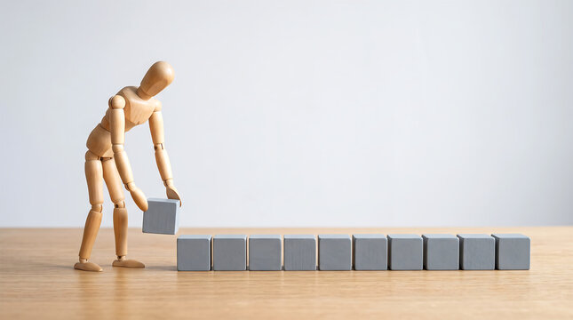 Mid-year performance review and milestone tracking concept with wooden mannequin arranging sequential blocks for KPI metric presentation banner with copy space