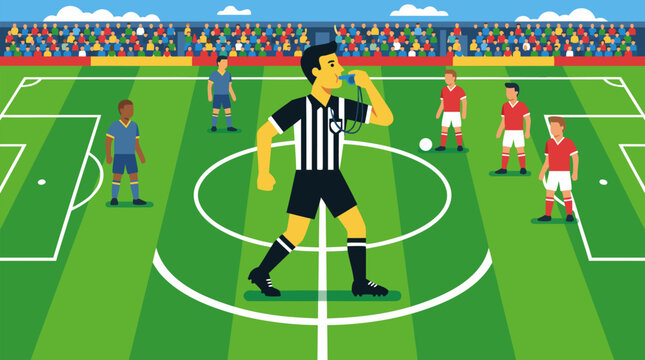 Soccer Referee Blowing Whistle at Center of Football Pitch with Players in Blue and Red Uniforms, Stadium Crowd Background, Vector Illustration Sports Game Official Match Day Professional