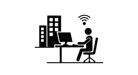 Fototapeta premium Person working on computer with wifi signal near office buildings icon