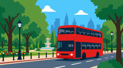 Fototapeta premium Vibrant Vector Illustration of Classic Red Double Decker Bus Driving Through Sunny City Park Boulevard with Lush Green Trees, Historic Fountain, Urban Skyline and Street Lamp on Beautiful Summer Day