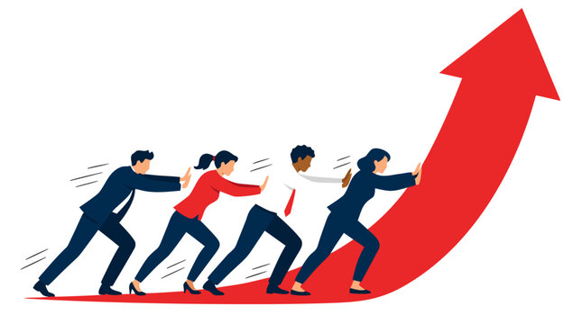 A diverse team of business professionals working together to push a large red arrow upwards, symbolizing collective effort, growth, and success in a corporate environment, vector illustration.