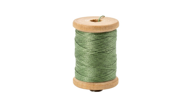 A spool of green thread on a wooden bobbin, isolated on a white background
