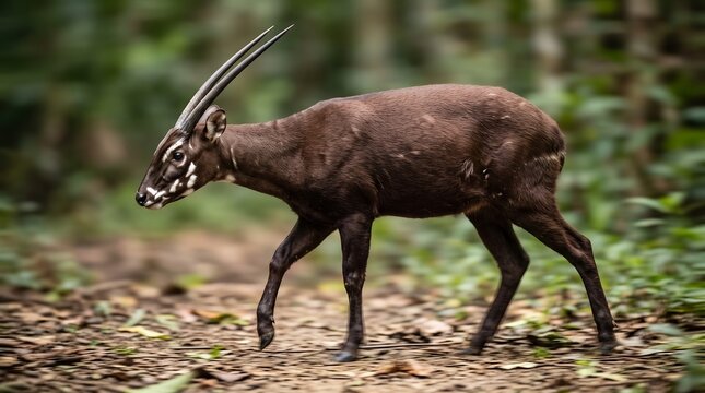 Saola in elegant walking profile with subtle motion, rich brown coat, highly detailed anatomy, isolated background