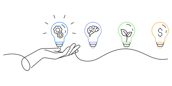 hand showing creative light bulb ideas single line illustration. hand holding business soloution ideas, brainstorming, green technology ecology and financial literacy thinking concept icon symbol mini