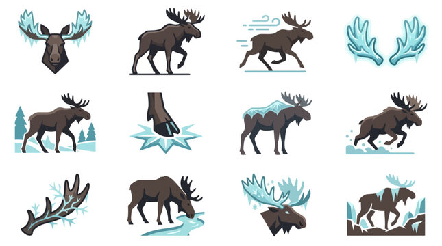 Dynamic Illustrated Collection of Moose in Winter Scenes with Snowy and Forest Elements with high quality professional line art symbols for modern creative design and digital branding projects