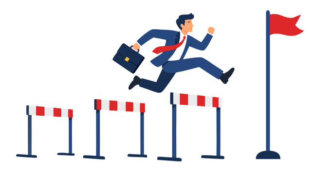 Confident businessman in blue suit with red tie leaps over striped hurdles carrying briefcase toward red flag, symbolizing success, determination, overcoming obstacles to achieve corporate goals.