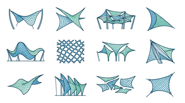 Minimalist Abstract Wireframe Geometric Surfaces with Blue Green Gradient Mesh Structures in 3D Space