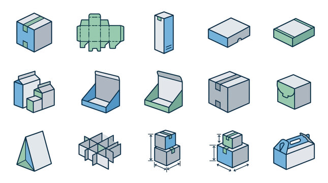 Corporate Collection of Various Packaging Boxes and Containers in Blue and Green Tones for Logistics Shipping and Storage Design