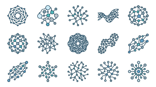 Dynamic Network Graph Visualizations Showing Diverse Node and Connection Structures in Teal and Dark Blue
