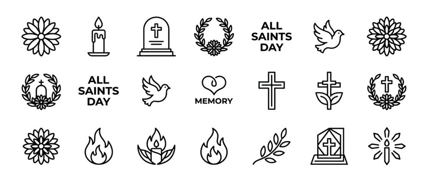 All Saints Day Icon Set: Gravestone, Candle, Dove, Cross, Flower, Laurel Wreath