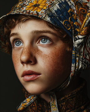 Captivating Portrait of Freckled Child with Blue Eyes in Vintage Floral Bonnet with Oil-Painting Style