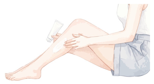 日焼け止めを脚に塗る女性のイラスト,水彩風のスキンケア・UVカット、足にクリームを馴染ませる女性のポーズ、紫外線対策・美容販促POP素材、手描きカットイラスト,ベクター,夏のUV対策・美白ケア,脚のお手入れをする人物