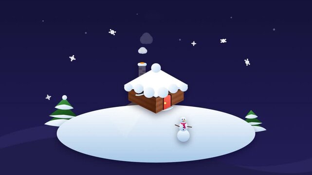 Cozy winter cabin and snow man animation under falling snow night sky