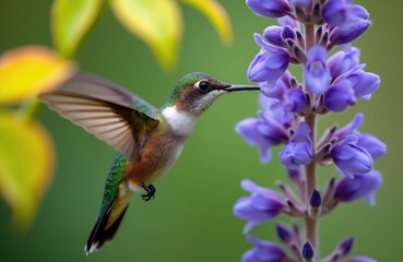 Fototapeta premium Small hummingbird hovers in air feeding on nectar from purple lupine flower petals. Tiny avian creature flaps wings near bloom in spring garden outdoors. Detailed macro view of colorful wild bird