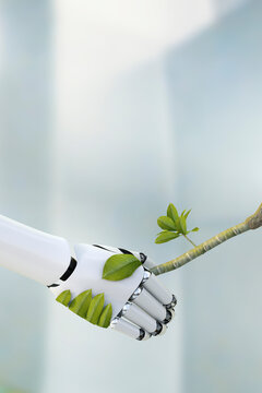 Robot hand and twig shaking hands, 3D Rendering