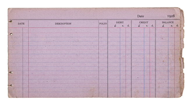 Vintage ledger page from 1928 with ruled lines and columns for financial entries