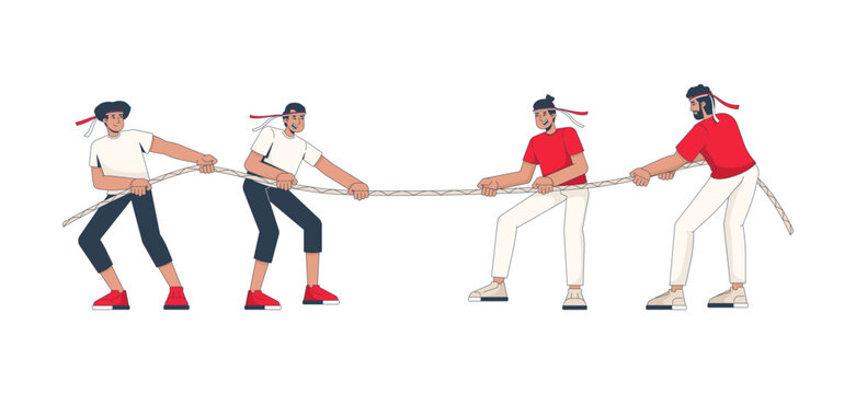 Participants competing in traditional Indonesian tug of war 2D cartoon characters. Independence Day festivity. Community celebration flat vector people isolated on white. Colorful spot illustration