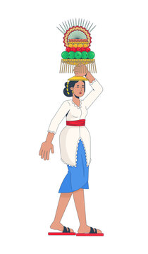Balinese woman carrying traditional gebogan offering on her head 2D cartoon character. Hindu ceremony. Bali southeast asian female flat vector person isolated on white. Colorful spot illustration