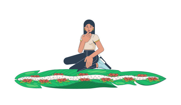 Woman enjoying nasi liwet served on banana leaves 2D cartoon character. Indonesian communal dining tradition. Southeast asian female flat vector person isolated on white. Colorful spot illustration