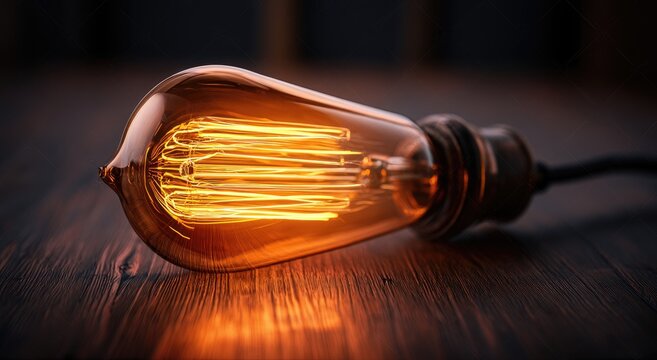 Vintage glowing filament light bulb rests on textured wooden surface