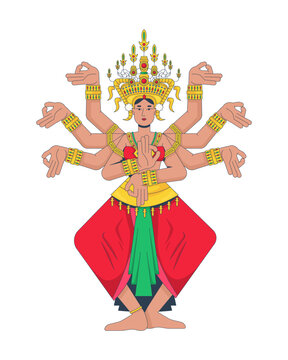 Multi-armed Balinese dancer in traditional costume 2D cartoon character. Hindu Goddess. Indonesian Saman dance performer with mudras flat vector person isolated on white. Colorful spot illustration