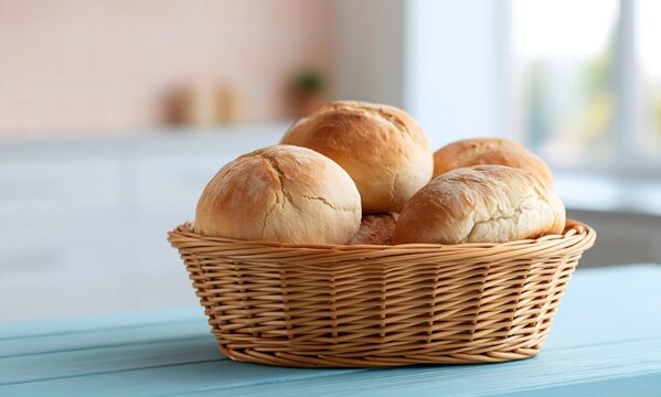 A light brown natural wicker basket filled with several stale rustic bread rolls, the bread clearly old and dry with hard crusts