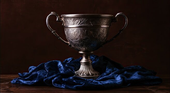 Ornate silver goblet with handles rests on deep blue velvet